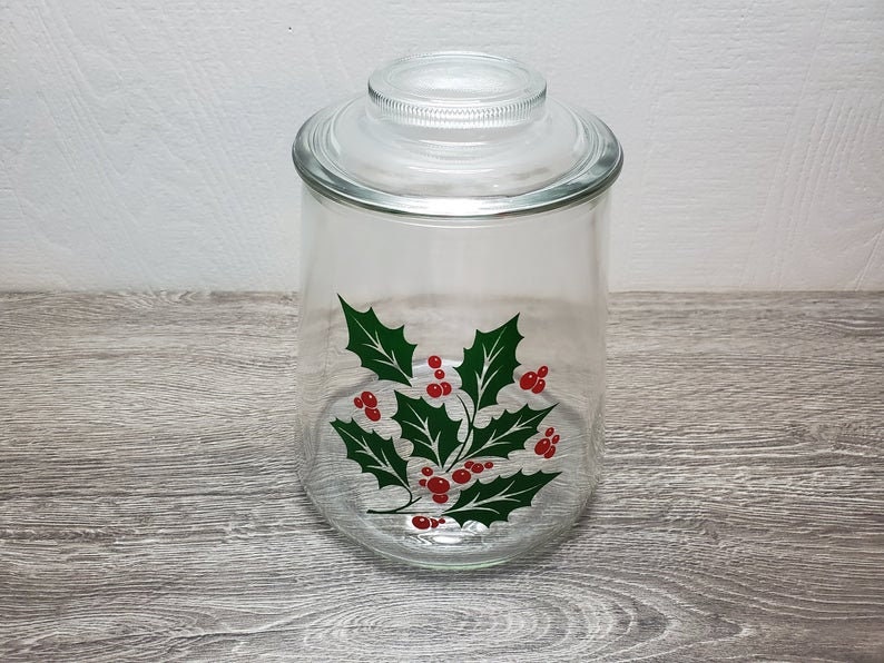 Clear Glass Christmas Cookie Jar Hinged Lid Holly berries 11” 3L