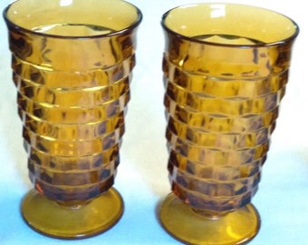 Vintage Indiana Glass, Colony Whitehall Tea Glasses, Amber, Pair, 6" Tall, 3 1/2" Flared Mouth Diameter, 3" Base Diameter, Mint Condition