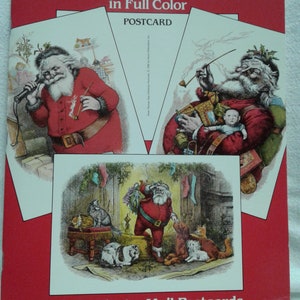 May include: A book cover featuring three vintage illustrations of Santa Claus. The book title is "Thomas Nast Christmas Postcards in Full Color" and the text "24 Ready-to-Mail Postcards" is at the bottom.