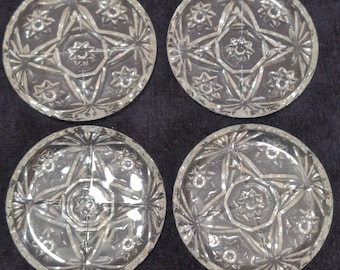 Vintage Anchor Hocking, Early American Prescut Coasters, "Fan and Star" Design, 3 3/4", Clear Glass, Mint Condition, Set of 4