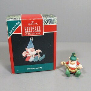 Vintage 1990 Hallmark Keepsake Miniature Ornament, &#39;Stringing Along&#39;, Elf Making a String of Gold Beads, New Old, Original Box, Retired