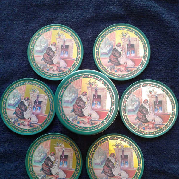 Vintage Tin Coasters, "Victorian Father Christmas Delivering Presents", Set of Six, Original Storage Tin, Mint Condition, New/Old
