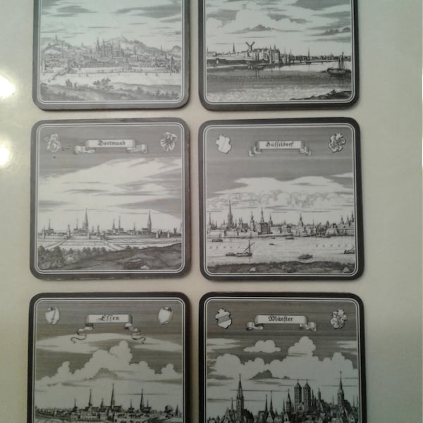 Vintage Schuberth Melamine and Cork Coasters, Pen and Ink Scenes of German Cities, Set of 6, Very Good Condition, No Original Box