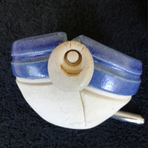 Handmade Pottery Bowl, Cream and Blue, Just right for Salsa or Dips, Decorative Button Face, Signed, 3&quot; Tall x 4 1/2&quot; Wide, Holds 1 1/2 Cups