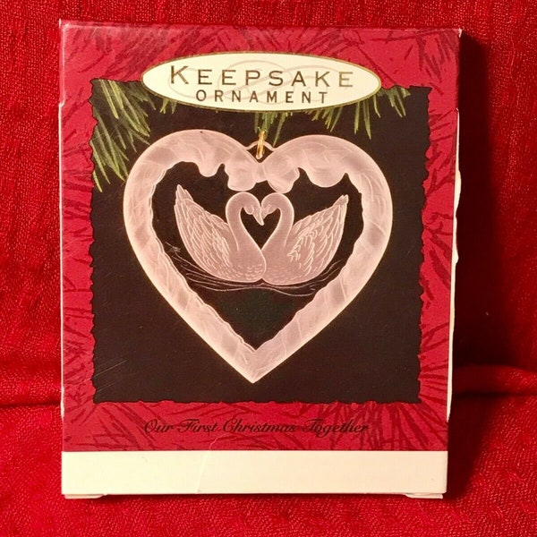 Vintage Valentine Hallmark Keepsake Ornament, "Our First Christmas Together," 1993, Acrylic Heart and Swans, Original Box, No Price Tab