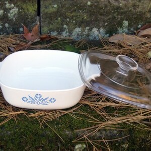 May include: A white casserole dish with a blue floral design and a clear glass lid. The dish is sitting on a bed of brown pine needles.