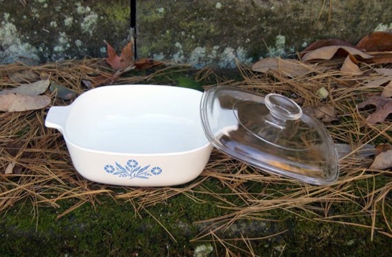 May include: A white casserole dish with a blue floral design and a clear glass lid. The dish is sitting on a bed of brown pine needles.