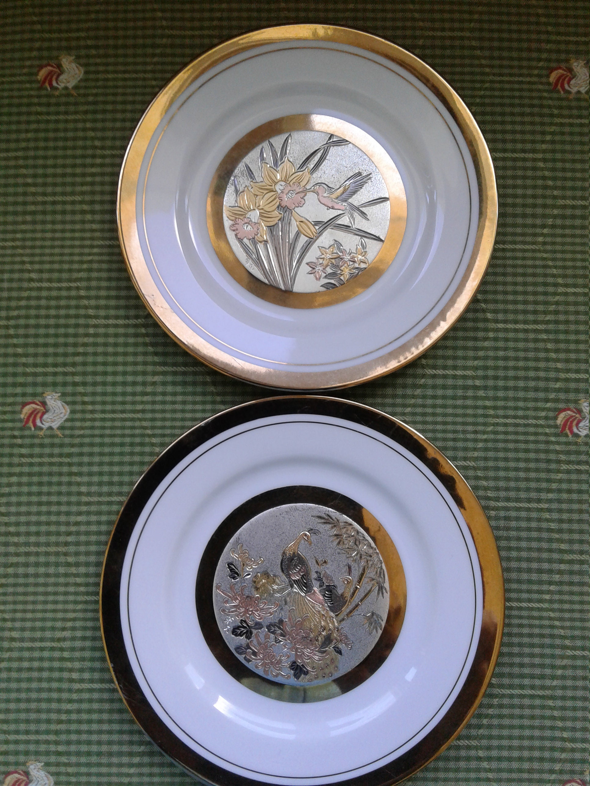 Three Vintage Chokin Plates, Mt Fuji, Pagoda, Cherry