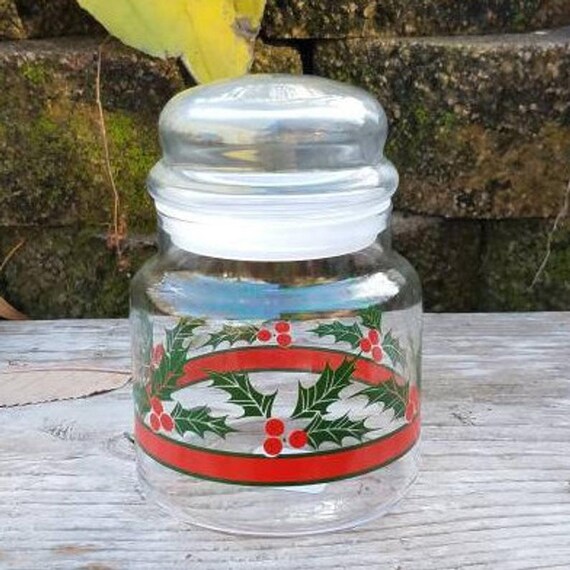 Indiana Glass Christmas Holly Cookie Jar w/Lid & Candy Jar w/Lid Vintage  X1532