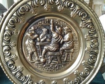 Vintage Brass Relief Wall Plaque, Tavern Scene, 11 3/4" Diameter, Hanger Intact, Made in England, 1950s