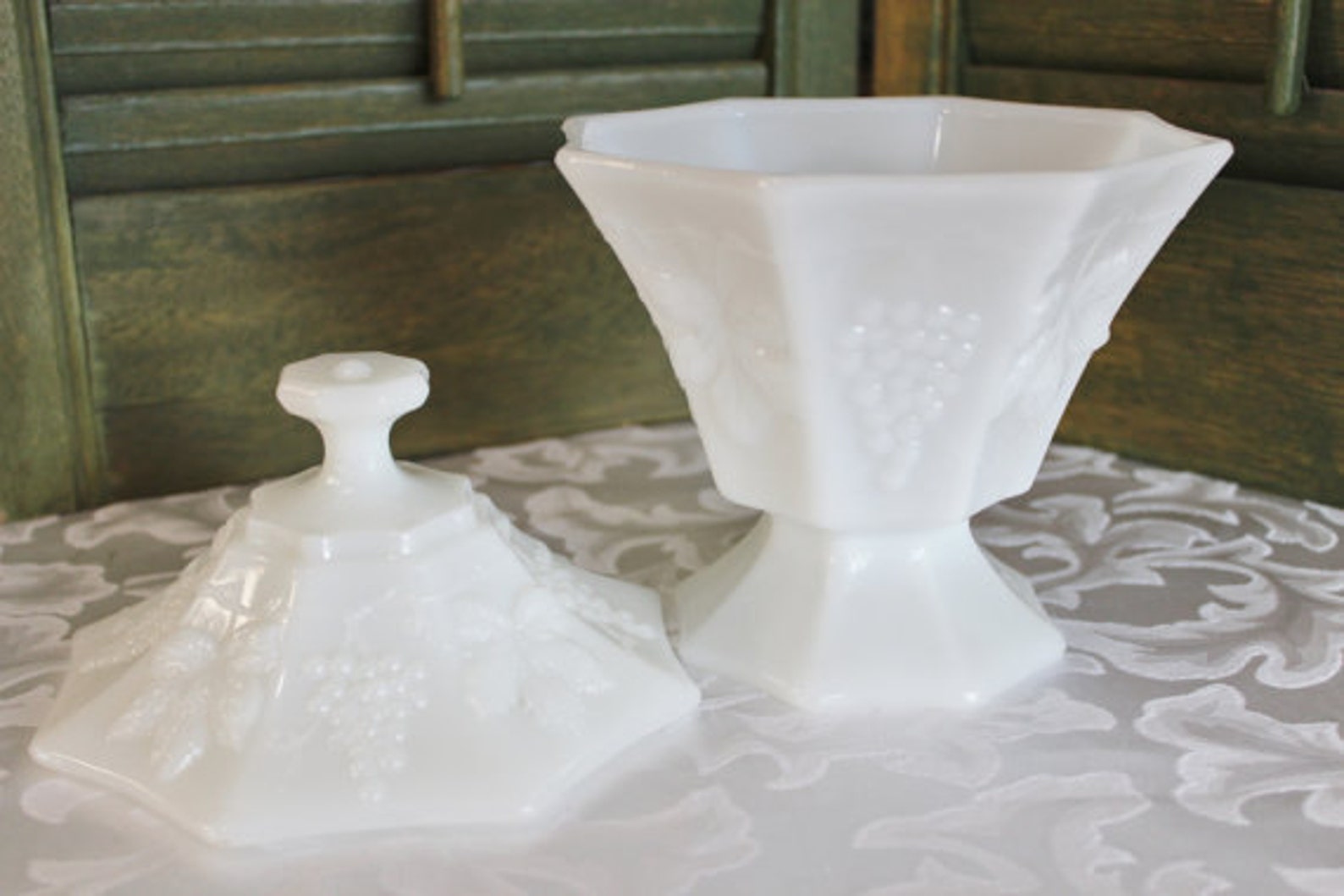 Vintage 1960s Translucent Milk Glass Lidded Candy Dish Grape Etsy
