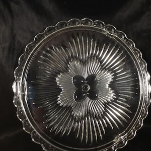 Vintage Indiana Glass &quot;3355&quot; footed Cake Plate, 11 1/4&quot; Diameter, Clear Glass, Made in USA, 50 OZ., Scalloped Rim, Mint Condition