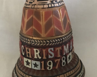 Vintage Hallmark Keepsake Xmas Ornament, "Christmas 1978" Schneeberg Bell, Brown Plastic, Red Satin Ribbon, Mint Condition, No Original Box