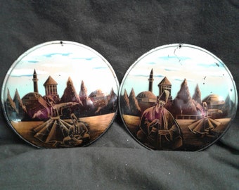 Vintage Hand Painted, Hand Etched, Copper Wall Plates, "Sufi Whirling Dervish Dancer, Musician, Blue Mosque" Istanbul Turkey, Signed, 5 1/2"