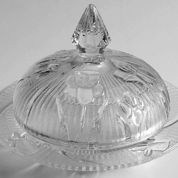 Vintage Depression Glass, Butter Dish, Iris/Herringbone Pattern, Clear Glass, Jeannette Glass Co, 1930s, Excellent Condition