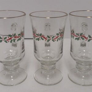 Vintage Libbey Xmas "Holly and Ribbon" Irish Coffee/Hot Chocolate Footed Cups, Handle, Holly and Red Ribbon Garland, Gold Trim, Circa 1980s