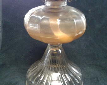 Vintage Plume & Atwood Oil Lamp with Eagle Brass Burner, Fluted Pedestal, Ribbed Base, Clear Pressed Glass, Good Condition, 10 1/2" T x 6" D