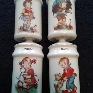 Vintage JSNY Porcelain Spice Jars, Hummel-Like Designs, &quot;Basil, Onion, Oregano, and Pepper&quot; Mint Condition, New