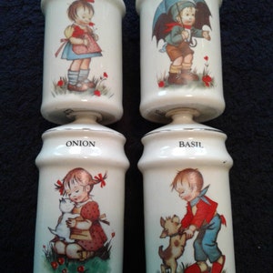 Vintage JSNY Porcelain Spice Jars, Hummel-Like Designs, "Basil, Onion, Oregano, and Pepper" Mint Condition, New