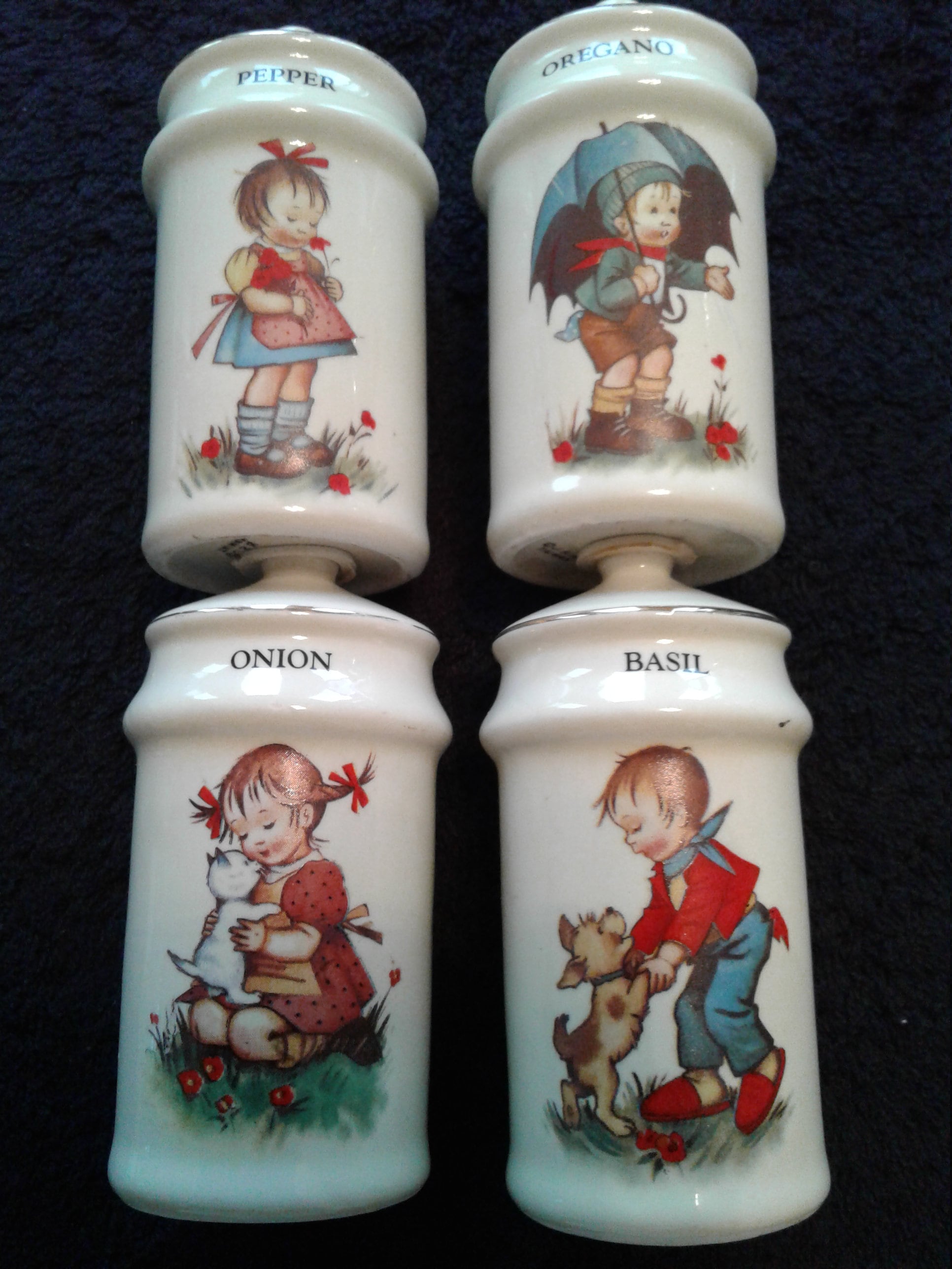 Vintage JSNY Porcelain Spice Jars, Hummel-Like Designs, "Basil, Onion, Oregano, and Pepper" Mint Condition, New