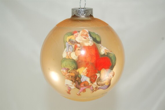 Père Noël Vintage Coca Cola Et Boule De Noël Elfes Avec Manchon Vinyle Circa 1960 Made In Usa Par Corning Glass Works