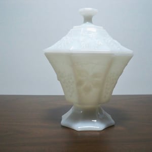 Vintage Candy Dish, 1960s, Translucent  Milk Glass, Lidded, Grape Vine Pattern, Octagon Shaped, by Anchor Hocking