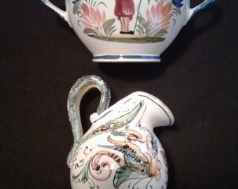 Poterie vintage, « Raffaellesco Italian Sea Dragon Creamer » & « Fench Signed Henriot Quimper Sugar », Blanc, Vert, Bleu, Bourgogne, Jaune