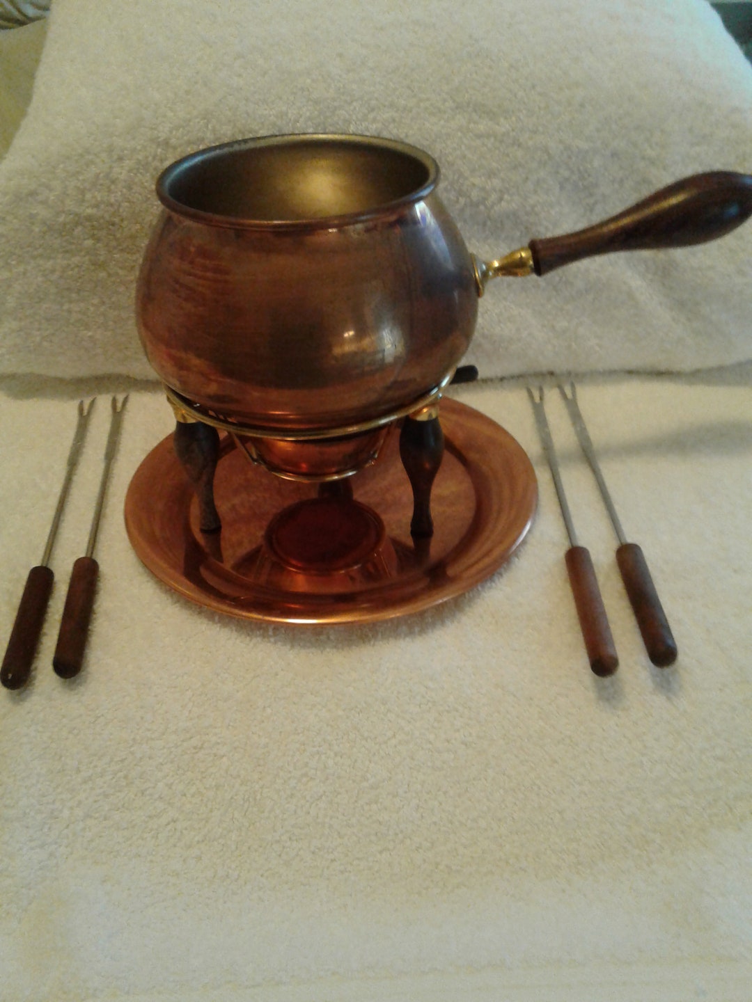 Vintage Perk Copper Fondue Pot Set, Swiss Made, Circa 1960s, Wooden