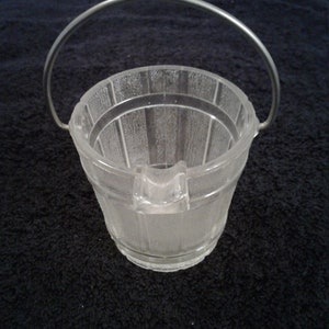 Three Vintage Depression Era Pressed Glass Ashtrays, by Hazel Atlas, Wooden Bucket Design with Metal Bale, Clear Glass