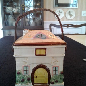 Vintage Cookie Jar, Ceramic House, Made in Japan, Circa 1940s, 8&quot; Tall x 5&quot; Wide x 4&quot; Deep, Yellow Front Door, Good Condition