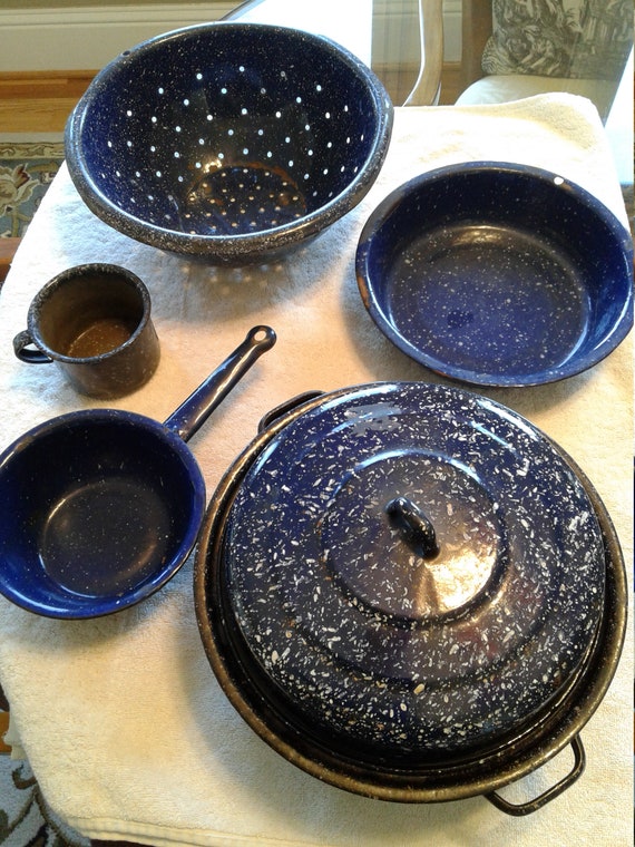 Blue and White Enamelware Cookware