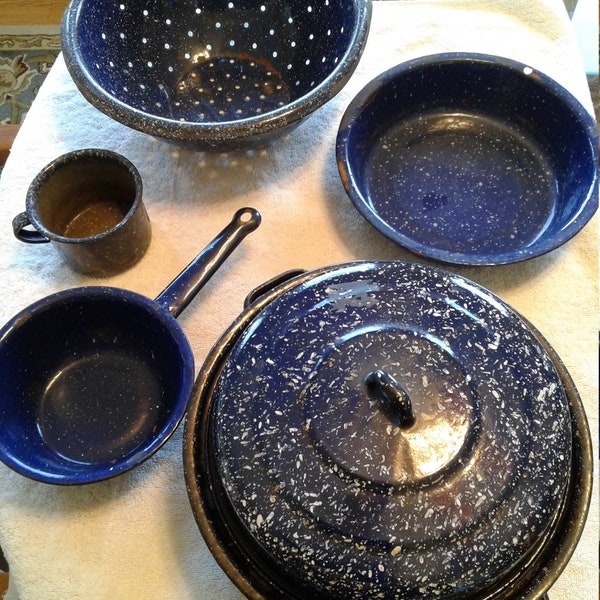 Vintage Cobalt Blue, White Speckle Enamelware, Six Pieces, Colander, Boiler, Dutch Oven, Mug, Utility Pan, Poor Condition, French Country