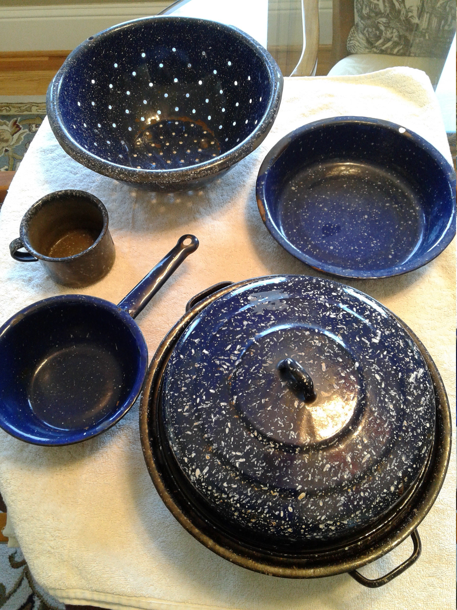 Vintage Cobalt Blue, White Speckle Enamelware, Six Pieces