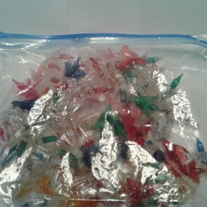 Vintage Midget Christmas Light Bulbs and Reflectors, 96 with 20 extra Bulbs, Multicolor, Plastic Bell/Flower Reflectors, 1960s
