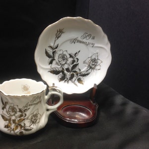 Vintage 50th Anniversary Cup and Saucer by Royal Crown, ARNART Imports, Made in Japan, 1983