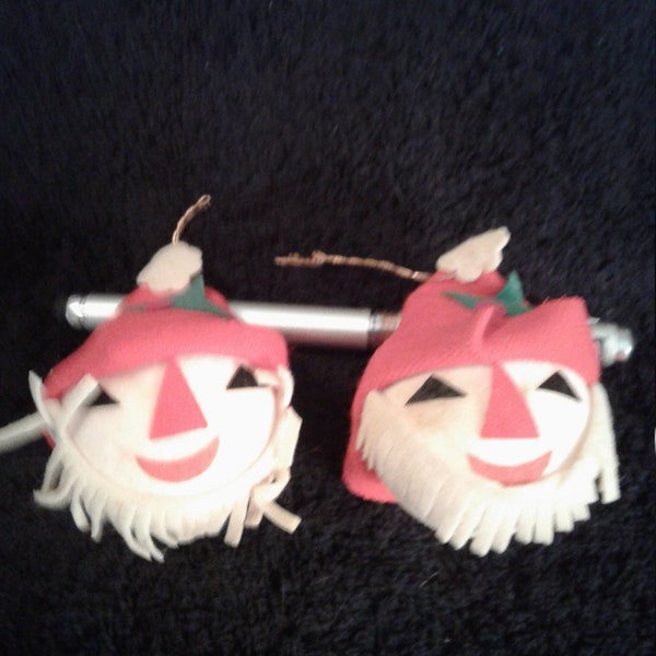 Vintage Christmas Ornaments, Flocked and Felt Elf Heads, Red Hats White Beards, Circa 1950s, Good Vintage Condition
