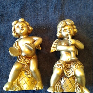 Vintage, &#39;Gold Angel/Cherub Statues&#39;, Playing Musical Instruments, Ceramic, 1960s, Japan Label, Excellent Condition, 6 3/4&quot; T x 3 1/2&quot; W
