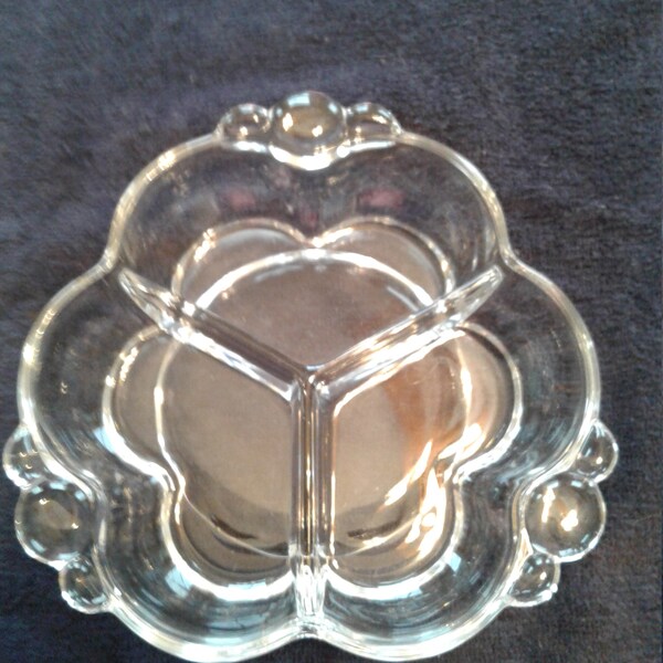 Vintage Clear Glass Divided Relish Dish, Brilliant Clarity, Simple Design, Mint Condition, 7 1/2" Diameter, Thick Glass, 1 3/4 Lbs.