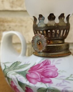 Vintage Miniature Porcelain Aladdin's Oil Lamp, Glass Chimney