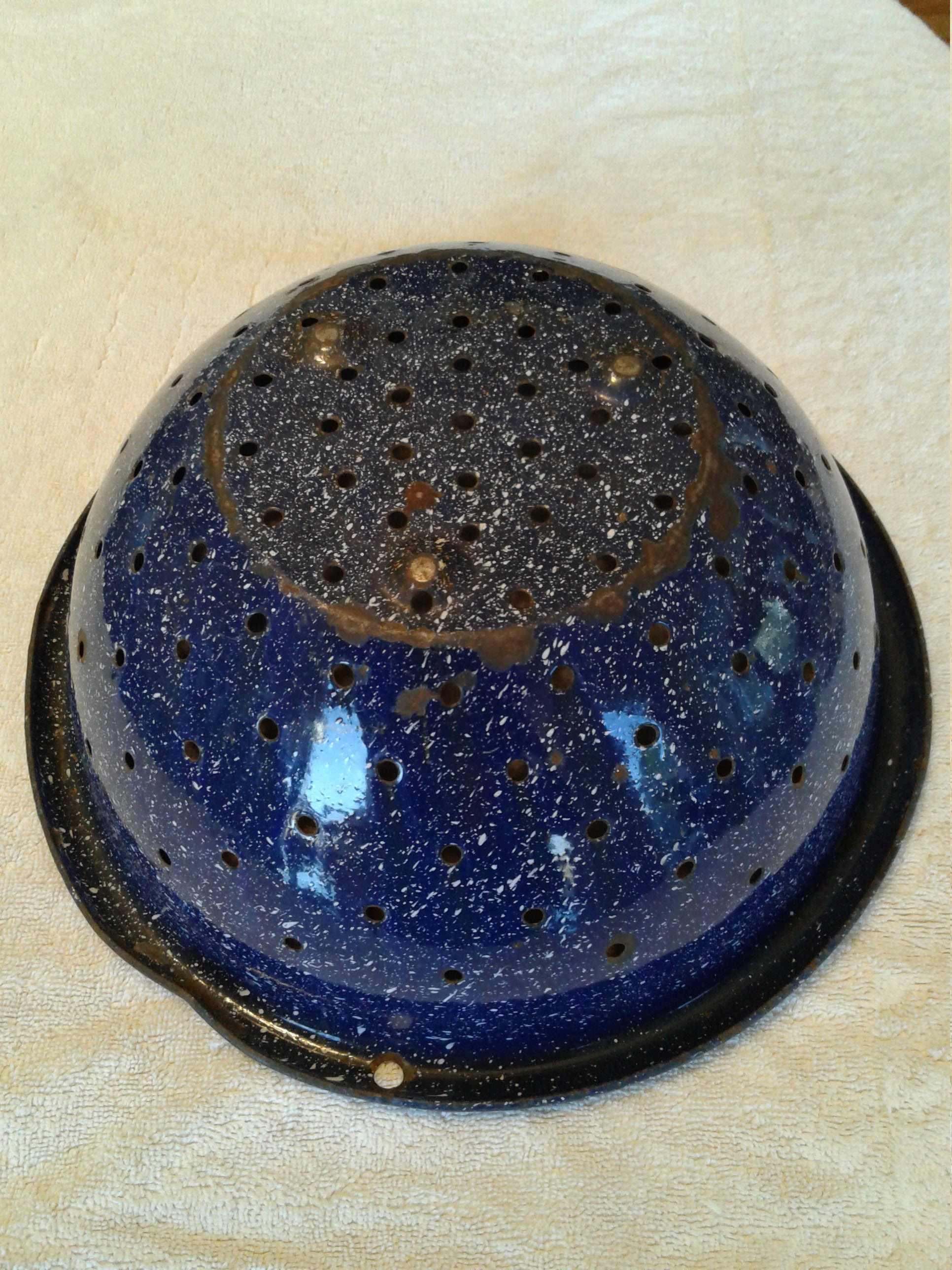 Vintage Cobalt Blue, White Speckle Enamelware, Six Pieces