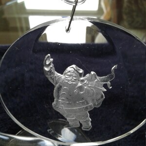 Vintage Ball Corp, Princeton Gifts, &quot;Waving Santa with Bag of Toys,&quot; Etched Acrylic, Circa 1977, Excellent Condition, 3 1/4&quot; Diameter