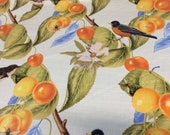 Oilcloth Fabric, PVC Coated, Blue Birds Cherries Design, Matt Coated, Per Meter