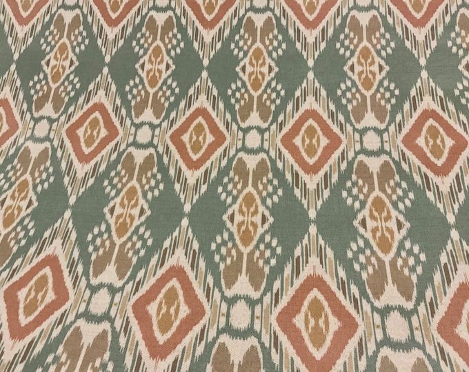 Oilcloth Fabric, PVC Coated, Exclusive Morris Designs, Casablanca in Smoke Green & Red Earth, Per Meter