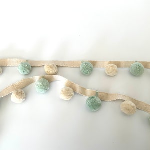Limited Edition Bobble Trim Fringe, Sea mist & Ivory, 100% Cotton, Superb Quality,  Per Meter
