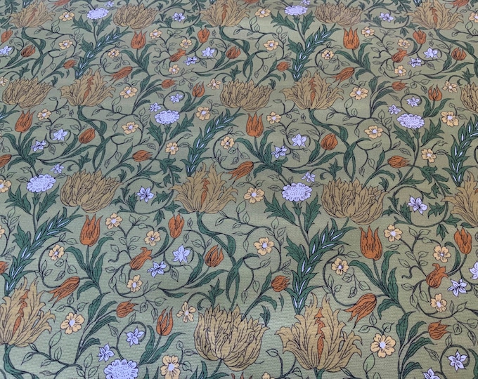 Oilcloth Fabric, Exclusive Morris Designs, Eleanor, Leaf Green Colourway,  PVC coated Cotton, Superb Quality, Per Meter