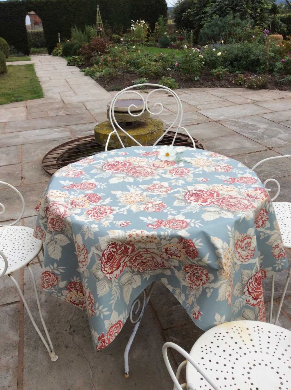 Oilcloth Fabric, Exclusive Shabby Chic Floral Design, Duck Egg Blue