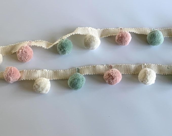 Limited Edition Bobble Trim Fringe, Sea mist, Ivory & Rose, 100% Cotton, Superb Quality,  Per Meter