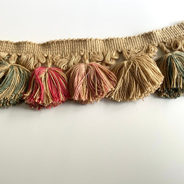 Limited Edition Tassel Trim Fringe, Tea Rose, Jute, Fog & Rouge, 100% Cotton, Superb Quality,  Per Meter