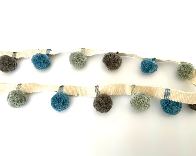 Limited Edition Bobble Trim Fringe, Mole, Laurel & Egyptian Blue 100% Cotton, Superb Quality,  Per Meter