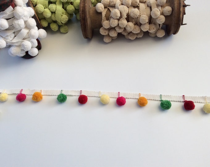 Multicoloured Bobble Trim Fringe 100% Cotton, Dahlia Colourway, Per Meter